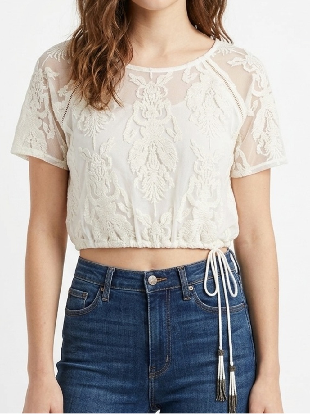 Kendall & Kylie Cream Embroidered Mesh Crop Top S